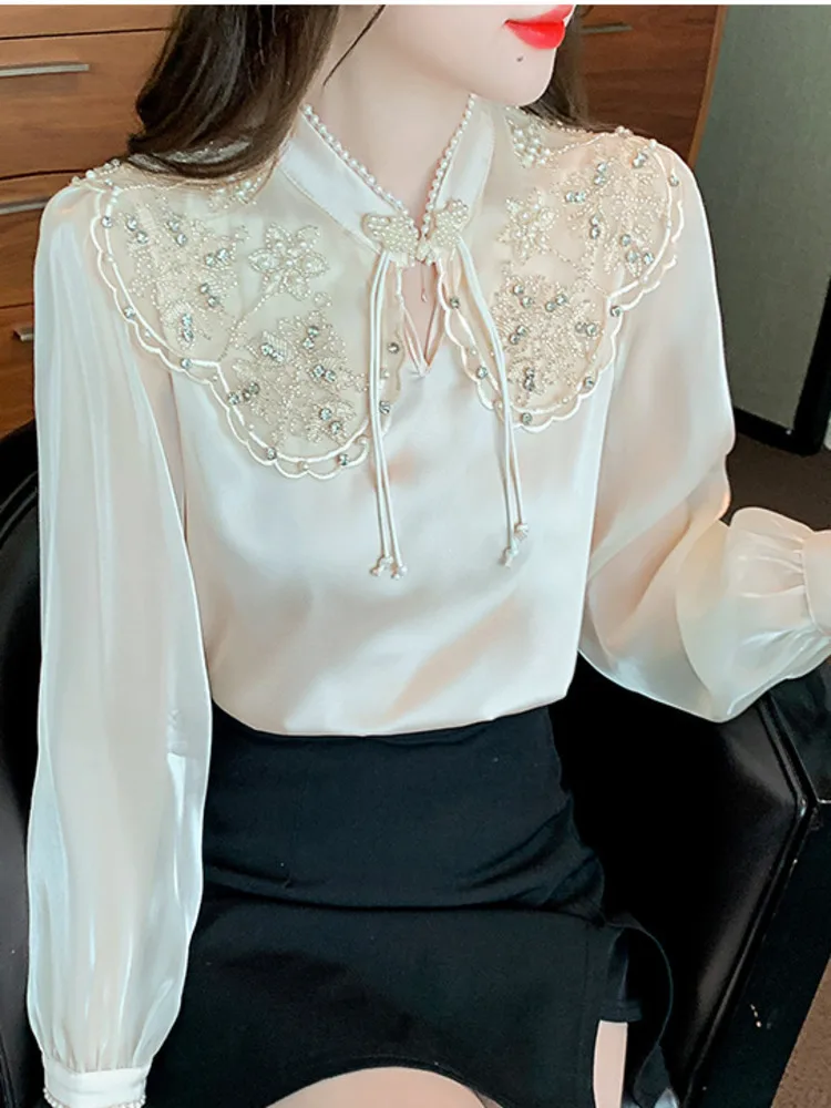 #2576 Beige Vintage Blouse Women Stand Collar Pearls Hollow Out France Style Long Sleeve Blouse Female Embroidery Spring Autumn