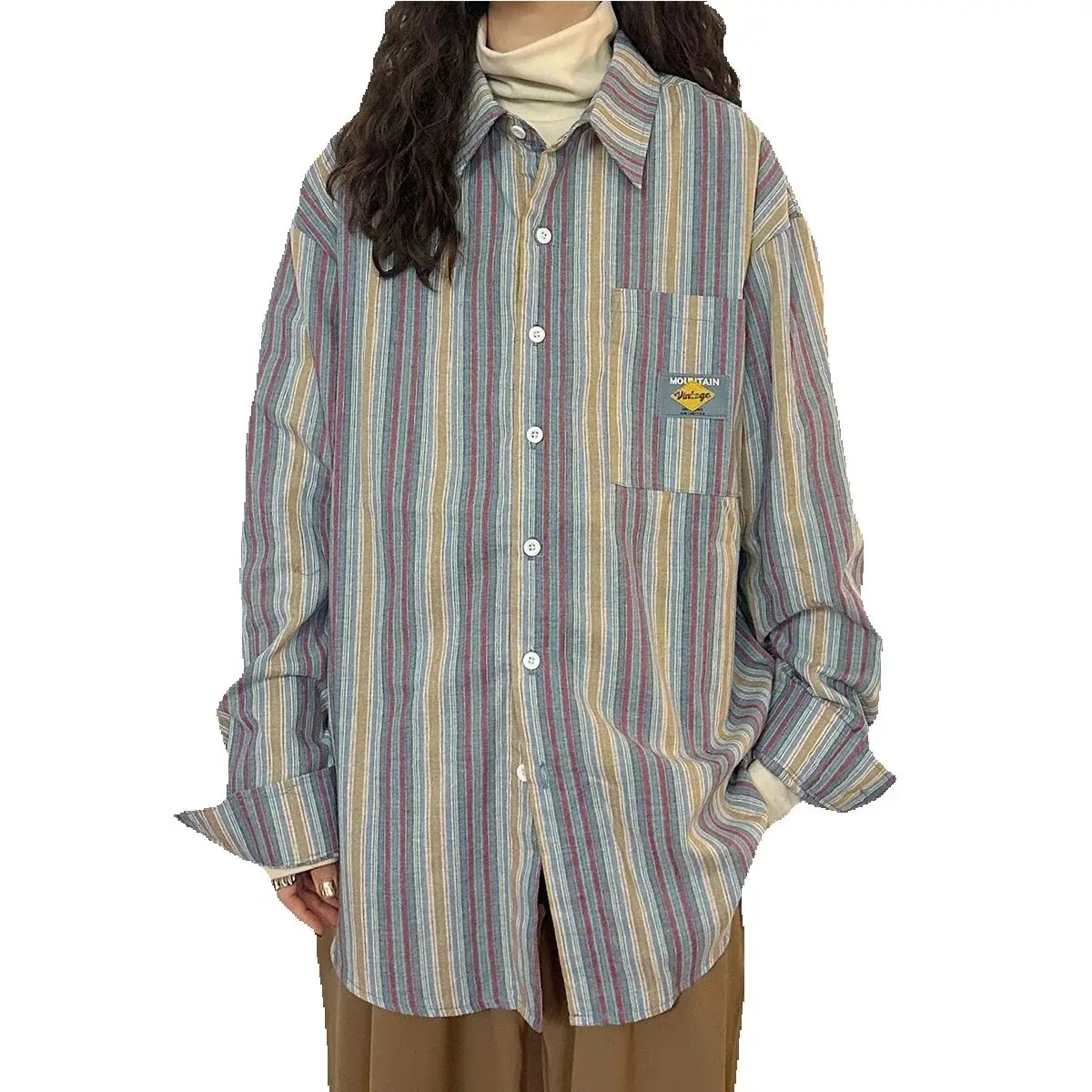 American Retro Striped Long-Sleeved Shirt Women Summer New Contrasting Color Niche Design Casual Versatile Loose Lazy Style Jack
