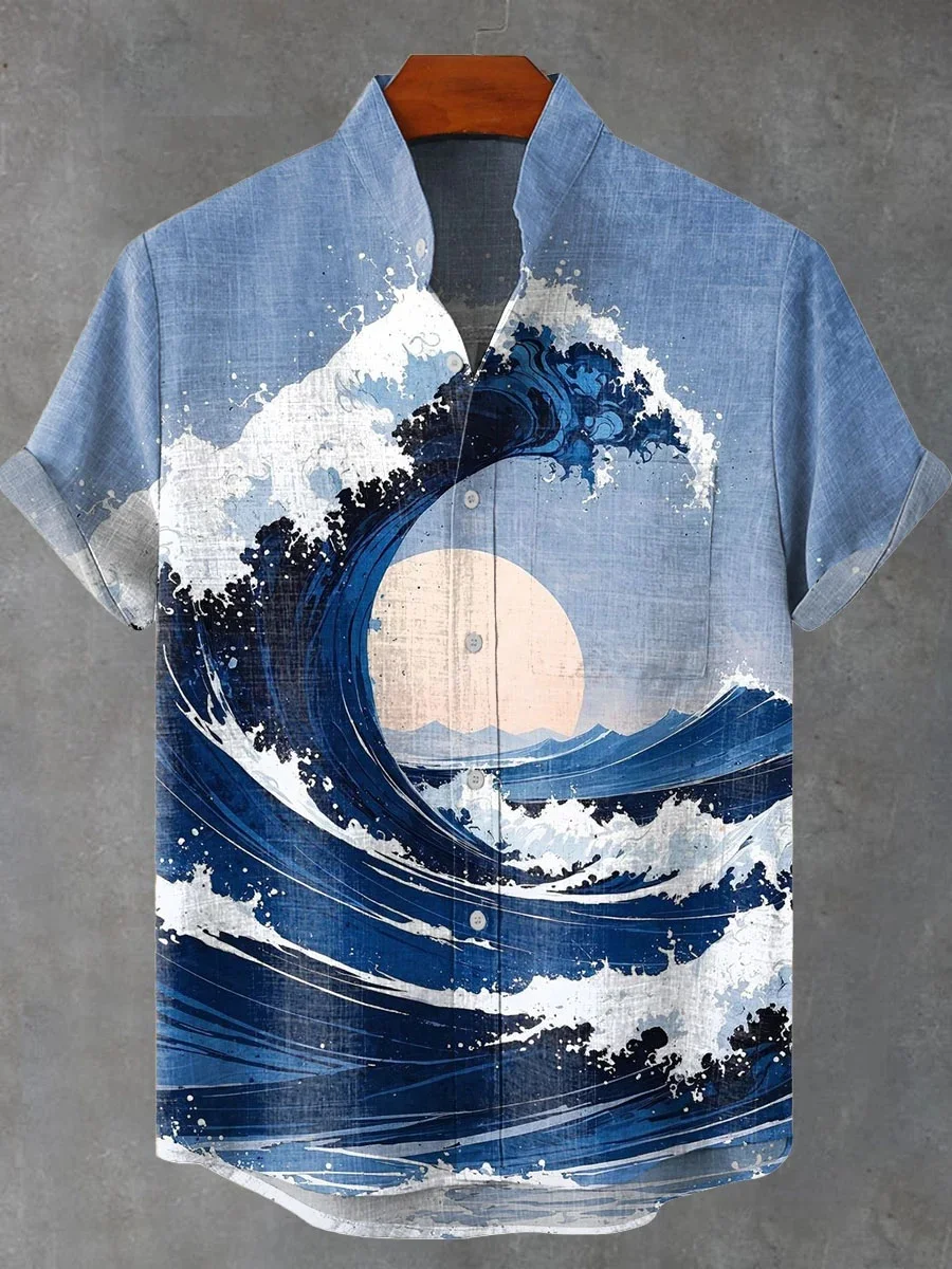

Japanese animal pattern and ocean high-definition pattern men's shirt. Summer casual short-sleeved linen shirt. Fast shipping.