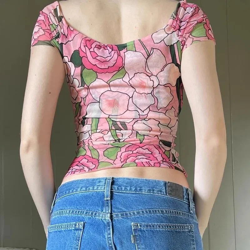 

Романтический художественный цветочный принт с v-образным вырезом и короткими рукавами, женский летний новый сетчатый универсальный утягивающий короткий топ в стиле ретро