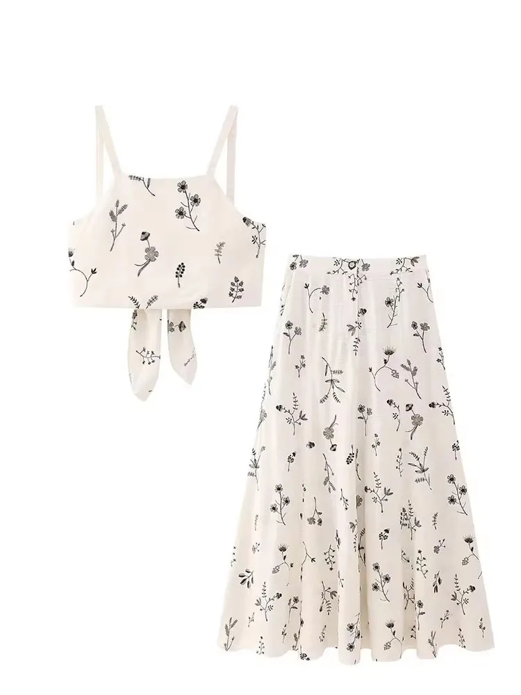 Women Fashion Summer Skirt Suits Printed Sleeveless Backless Crop Vest+Drawstring A-Line Skirt Two Pieces For Women