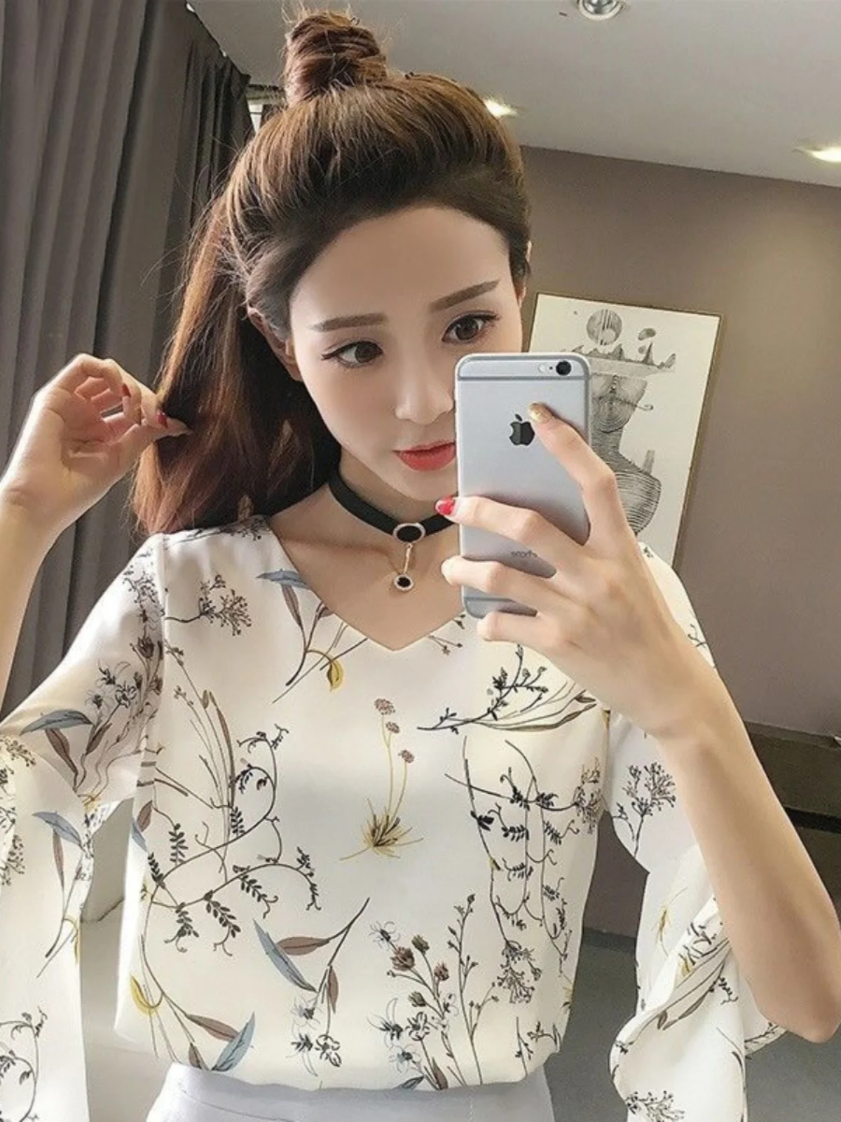 

Spring Summer Floral Print Chiffon irt Women's ort Sve Base Layer Top Flared Sve Ultra Fairy T Slimming Effect