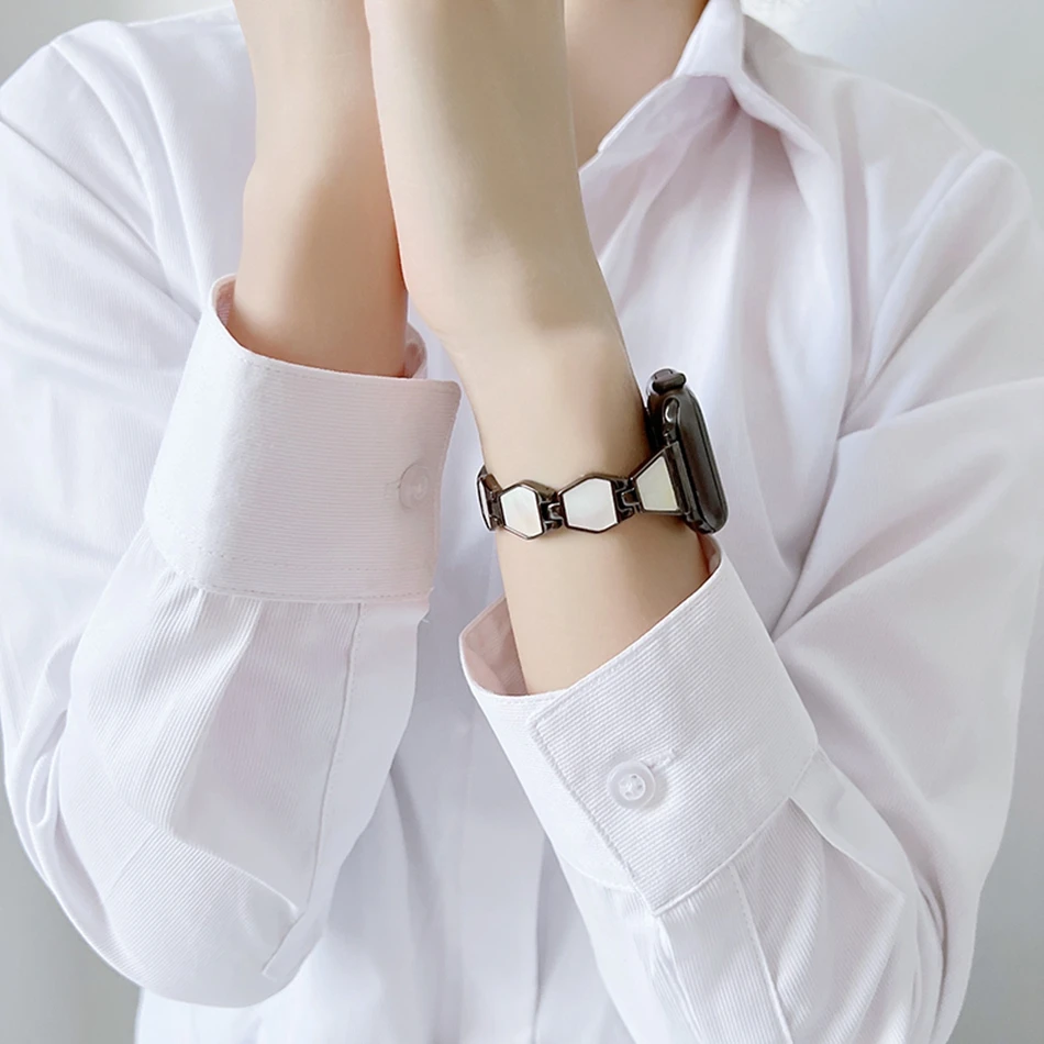 Apple Watch Ultra 49mm iWatch Series 7 8 6 SE 4 5 38/40/41mm 42/44/45mm用の高級シェル六角形メタルストラップ：ウォッチバンドブレスレット
