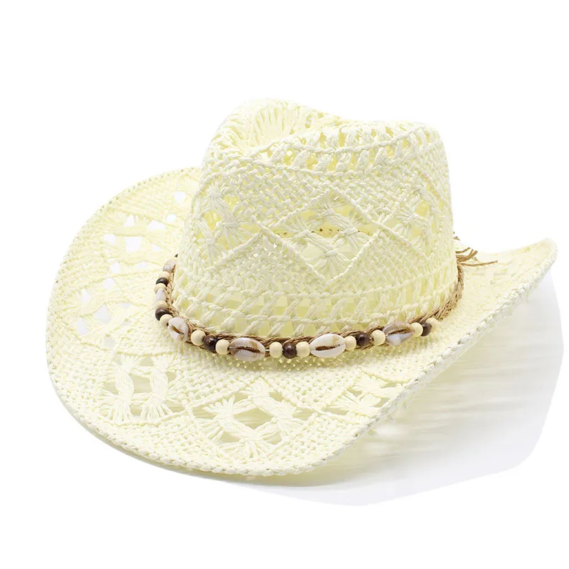 Summer Women’s Panama Hat  Cowgirl Hat with Shell Beads, Hollow Out Wide-brimmed Beach Sun Hat for Men Women Western Style