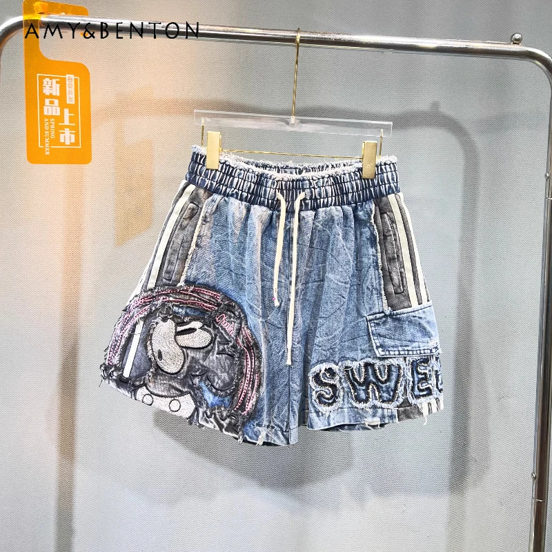 

Y2k Denim Short Pants Summer New Heavy Industry Sequin Embroidery Elastic Waist Wide Leg Versatile Casual Shorts Hot Pants Jeans