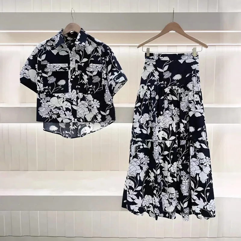 Women's Print Suit 2024 Spring Summer Turn Down Collar Short Sleeve Shirt or Skirt For Holiday Style