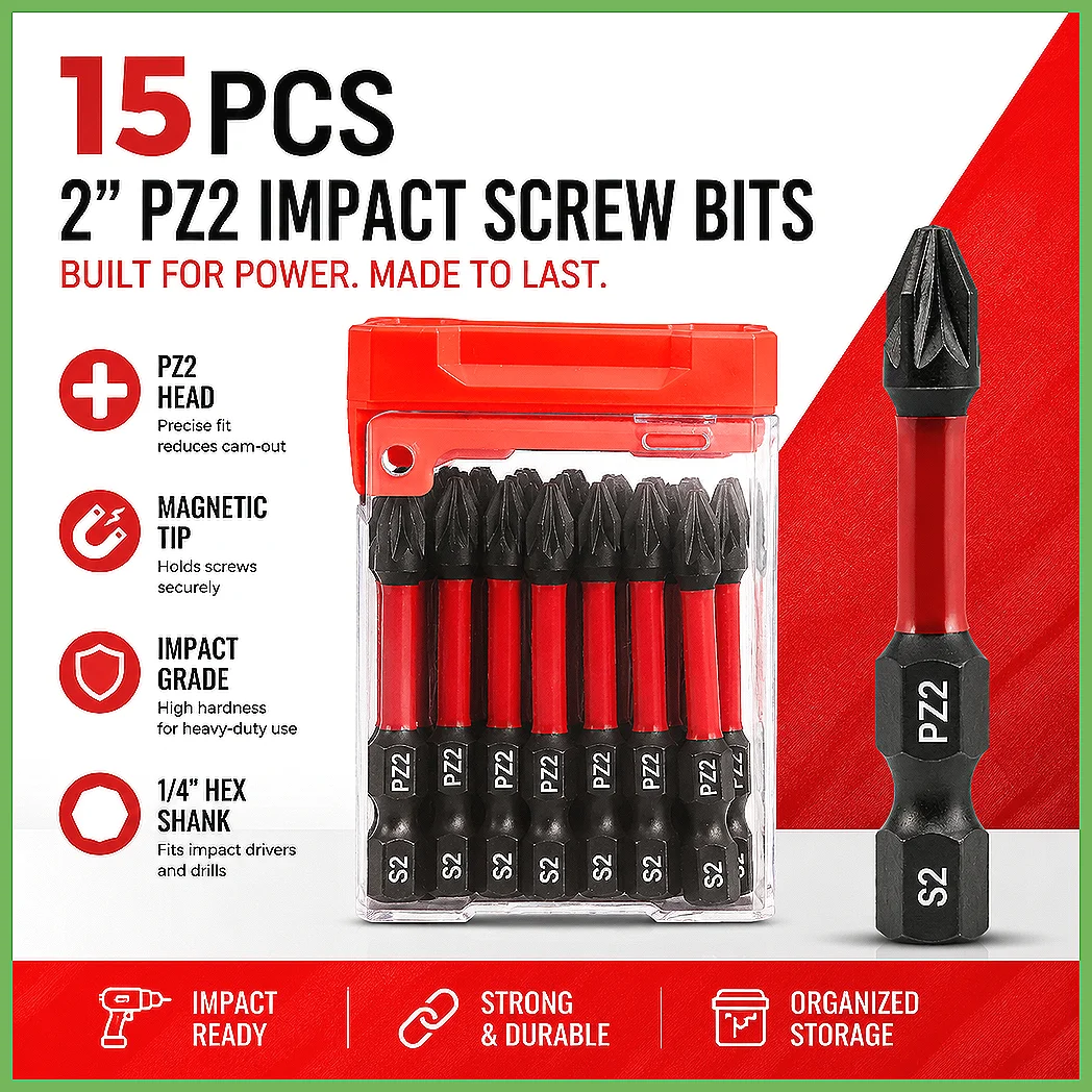 PZ2 Impact Screwdriver Bit Set 10/15/20Pcs S2 Steel 50mm 2 Inch Power Drill Bits, Red Durable Case for Electric Impact Driver