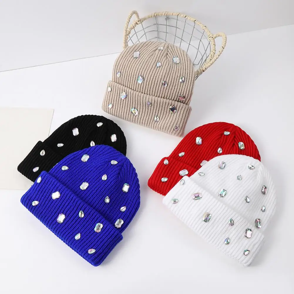 Outing Warm Accessories Bling Rhinestone Knitted Hat Winter Warm Skull Cap Street Punk Fashion Accessory for Women Autumn Cozy