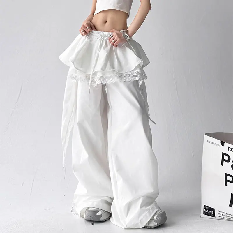 Women's Layered Skirt Design, Casual Work Pants, 2025 Spring and Summer New Style, Spliced Lace Layered Long Pants