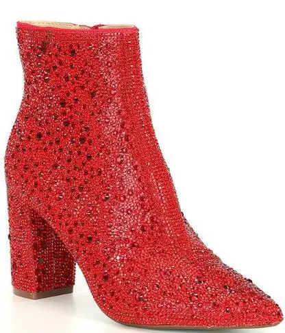 Bling Bling Sliver Red Crystal Diamonds Glitter Pointed Toe Ankle Boots Sexy Woman Block Heel Zipper Side Banquet Booties Shoes