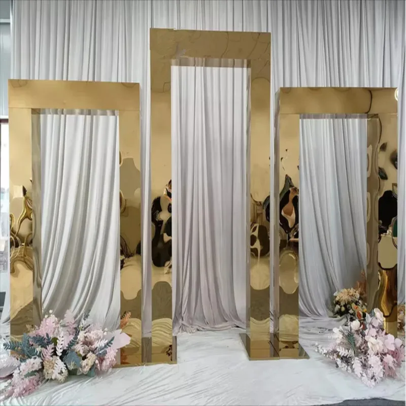 

Creative Shiny Gold Wedding Backdrop Ceremony Arch Door Stainless Steel Gilded Flower Shelf Screen For Event Party Stage Props