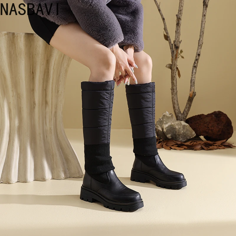 

Plus Size Down Velvet Spliced Yarn Fabric Winter New Boots Thick Velvet Cotton Shoes Thick Heels Soles Knee Boots
