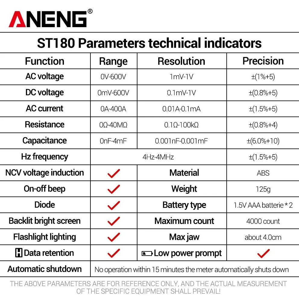 ANENG ST180 AC Current Clamp Meter Digital Multimeter 4000 Counts Car Amp 400A Ammeter Voltage Tester NCV Capacitance Ohm Tools