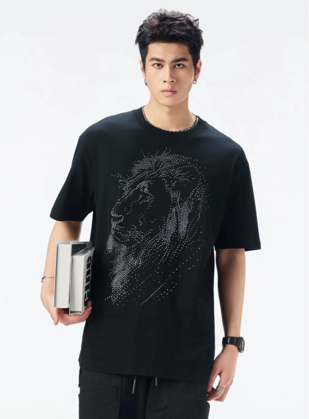 2026 Summer New Men's Lion Head Rhinestone Print Loose Fit Casual Everyday Round Neck Short Sleeve Cotton Black T-shirt