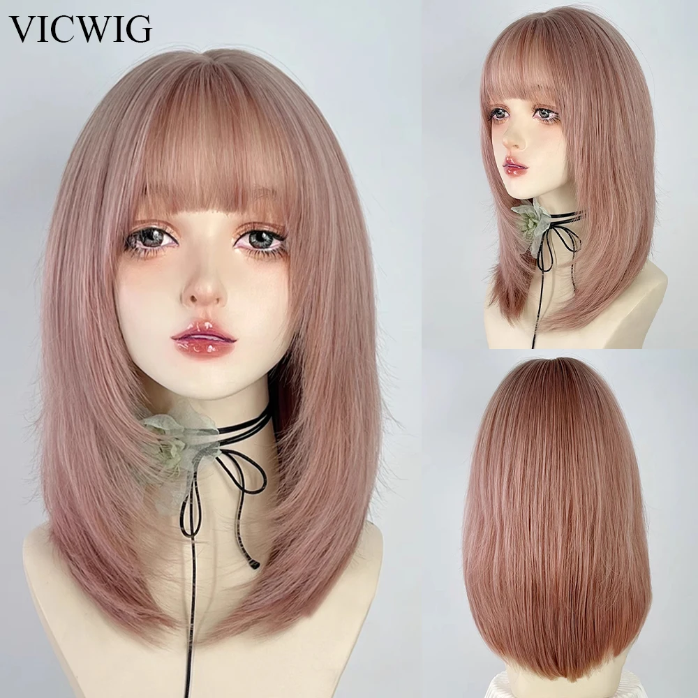 

VICWIG Medium Length Synthetic Straight Pink Wigs Women Lolita Cosplay Fluffy Hair Heat Resistant Wig for Daily Party