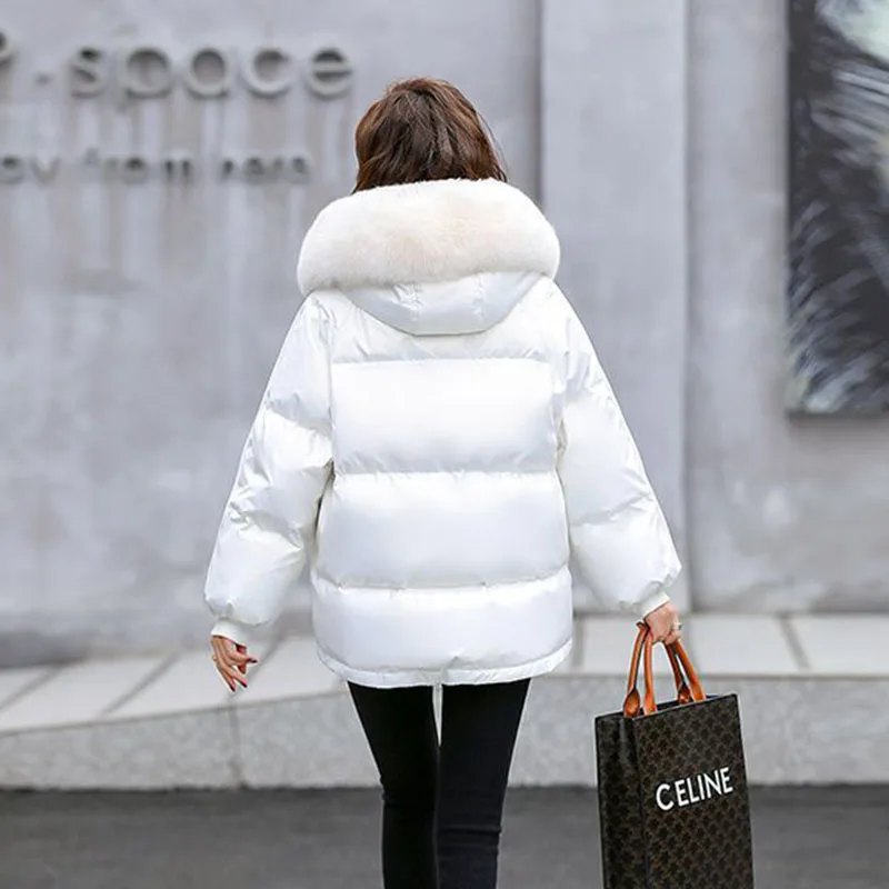 2024 New Korean Fashion Bright White Duck Down Loose Women's Down Jacket Winter Warm Hooded Solid Color Women's Down Jacket H172