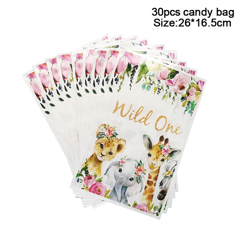 30pcs Wild One Palm Leaves Animal Candy Gift Bag Jungle Safari Birthday Party Packaging Bags Kids Baby Shower Decoration Favors