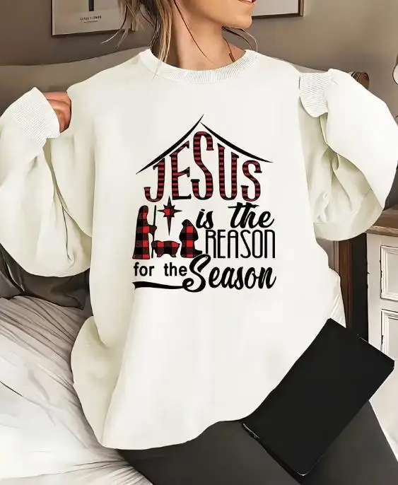 Jesus Is The Reason for The Season Printed Womens Sweatshirt Traditional Church Xmas Party Clothes Casual Long Sleeve Pullover Cozy Faith Gifts Top Ladies Crewneck