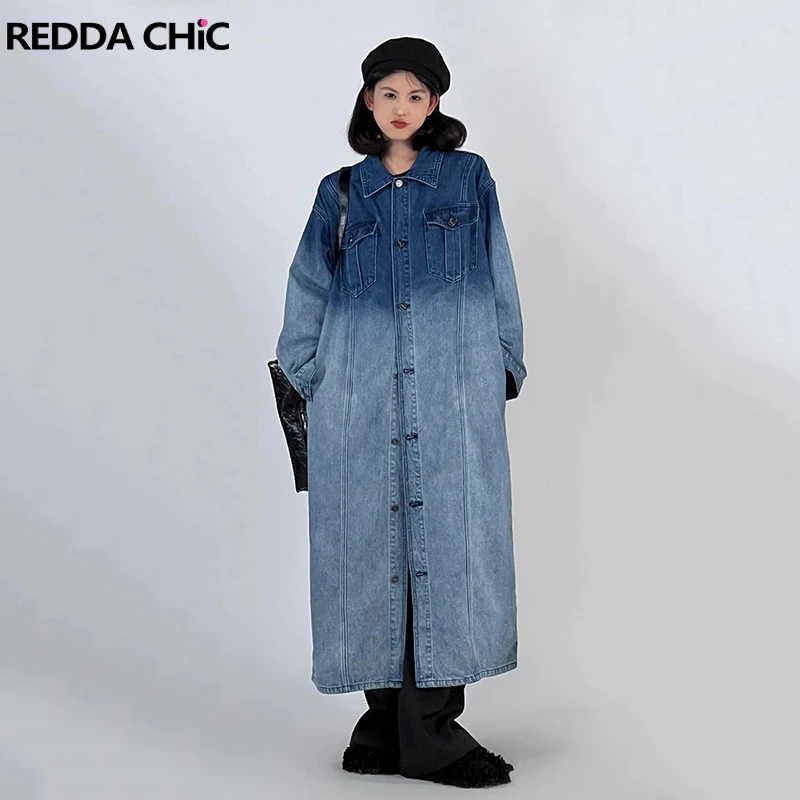 

ReddaChic Vintage Wash Long Denim Jacket Women Ombre Blue Button Front Shoulder Pads Oversize Coat Casual Autumn Winter Outwear