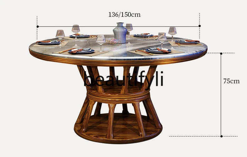 

New Chinese ebony dining table and chairs Chinese living room marble round solid wood dining table with turntable