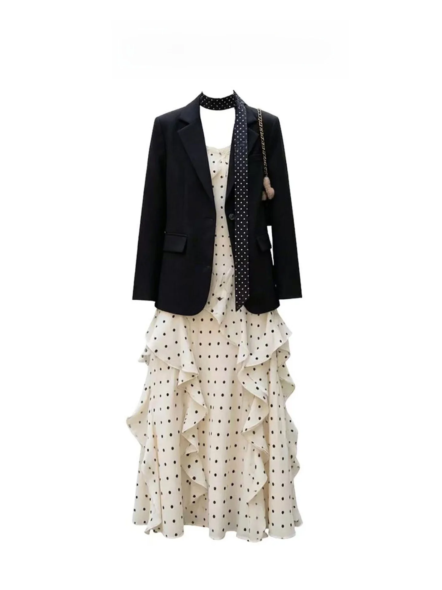 

Elegant Polka Dot Dress Set for Women Spring Summer New Style Suit Jacket Silk Scarf Strap Dress Combo Sweet Style High Waist