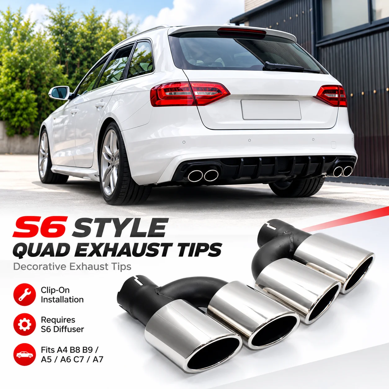 Końcówki tłumika ze stali nierdzewnej do Audi A4 B8 B9 A5 A6 C7 A7, ulepszenie na wygląd S4 S5 S6 S7, wlot 58mm, podwójne wyjście, dysza wydechowa.
