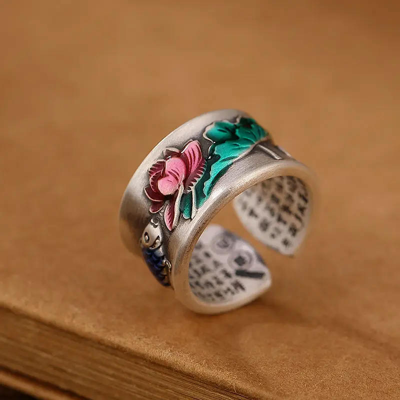 

Retro colored enamel carp Lotus flower heart sutra silver 925 rings for women couples simple wide ring banquet jewelry gift