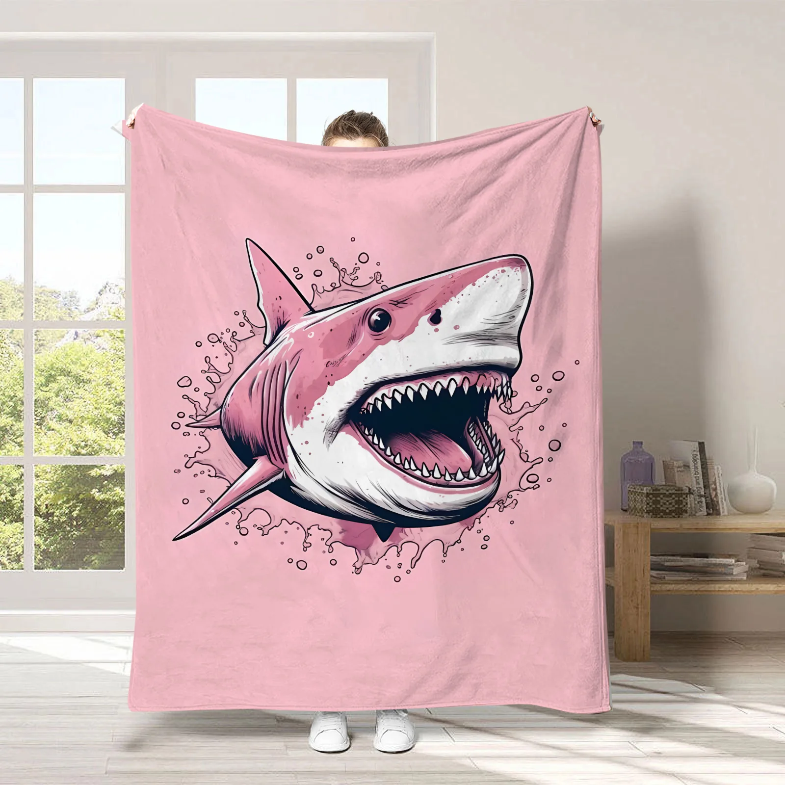 Pink Background Great White Shark Beach Towel Realistic Print Quick Dry Towel for Teens Boys