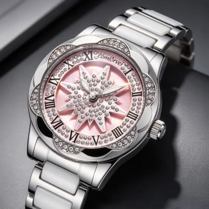 Elegant Star Zircon Ladies Watch, MOP Shell Dial Quartz Watch, Ceramic Steel Band Bling Wrist Watch for Daily & Party