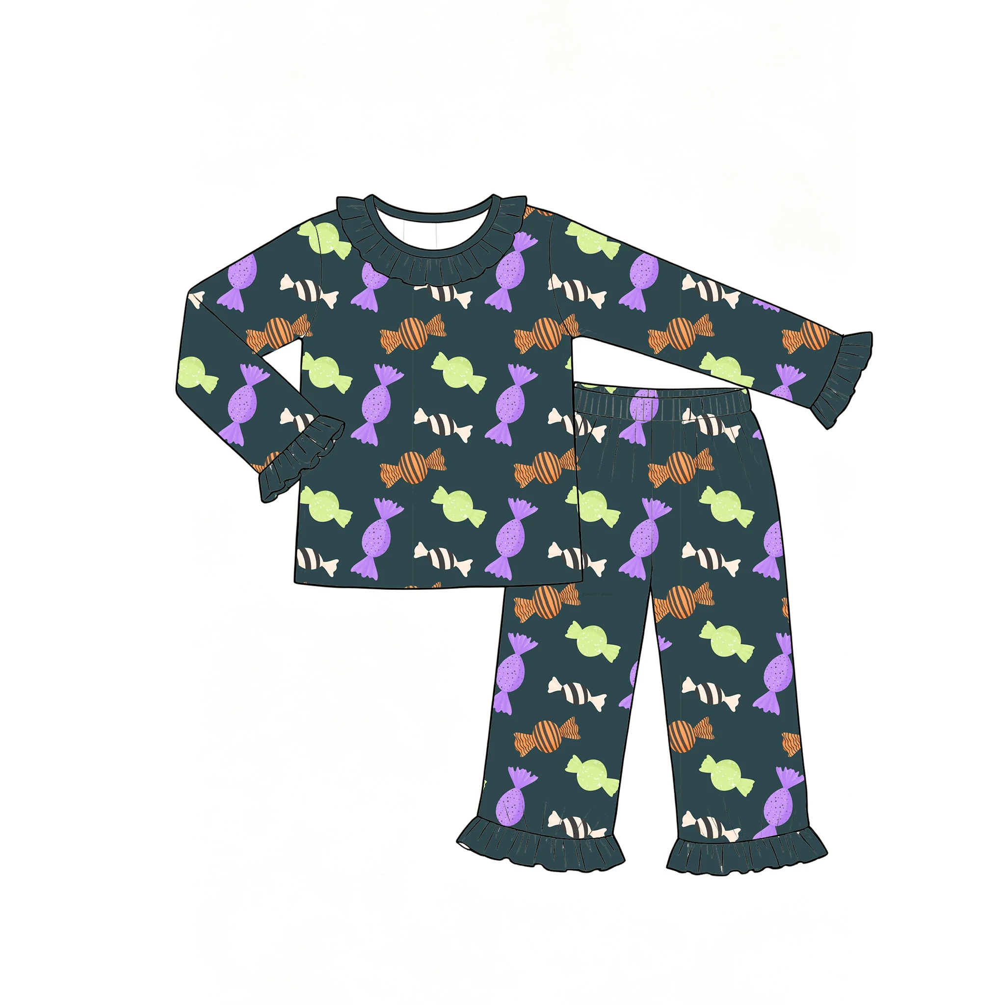 Halloween Boutique Girls Set Long-Sleeved Top With Trousers Ruffles Candy Animal Print Custom