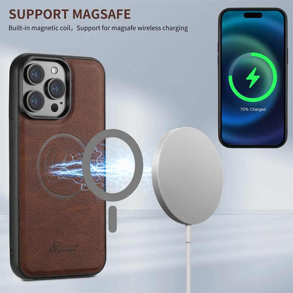 Litchi Pattern Leather Detachable Card Bag Magsafe Case for iPhone 15 Pro Max 12 13 Pro 14 Plus Wireless Charging Phone Bag