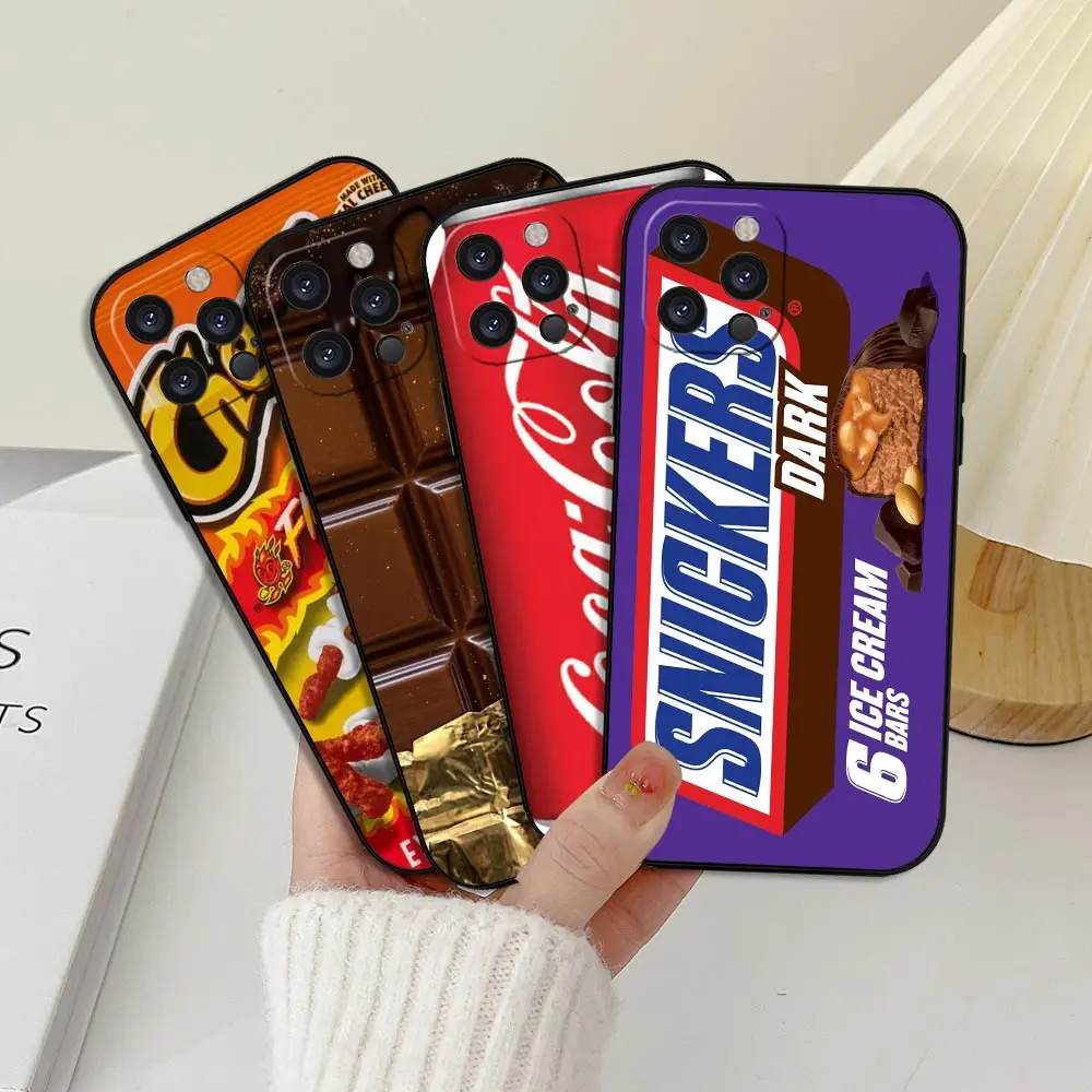 Chocolate Potato Chips Cola Biscuit Case For iPhone 16 15 14 13 12 11 Pro Max Plus Mini Funda For iPhone 16 ProMax Black Cover