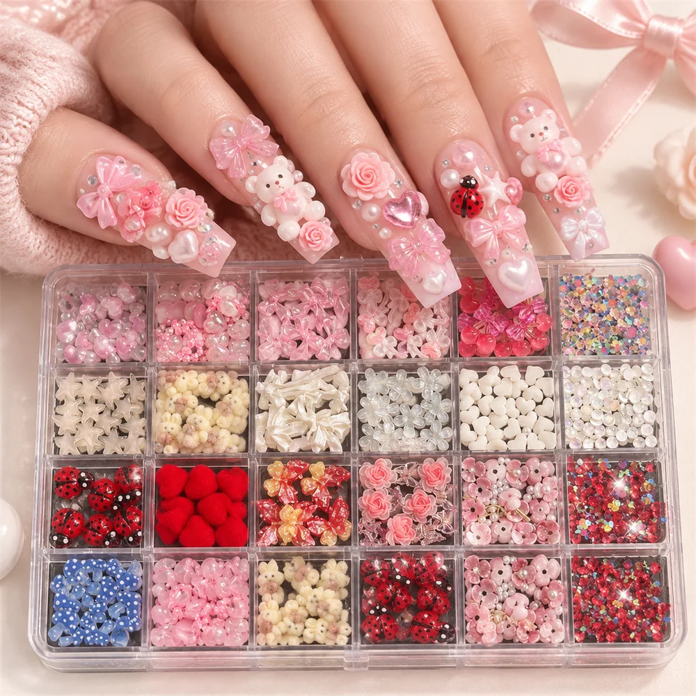 24Grids Aesthetic Mixed Nail Embellishments 3D Rose Heart Star Bowknot Butterfly Nail Rhinestones For Nail Starter Kit Ornaments
