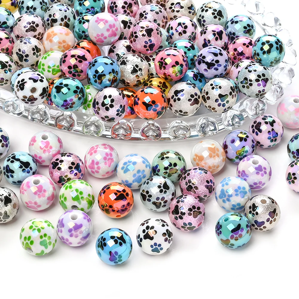 10Pcs 16mm Acrylic Teether Focus Bead Colorful Dog Paw Pattern Round Beads For Handmade Pacifier Chain Clip Jewelry Making