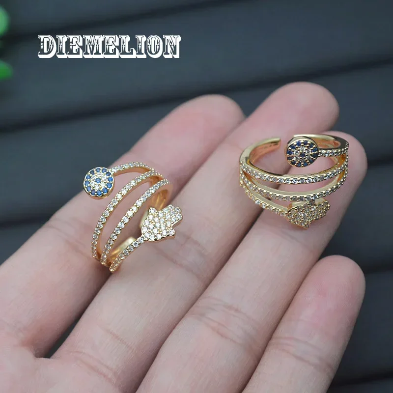 Luxury Gold Color Evil Eye Blue Eye Hamsa Hand Fatima Hand Adjustable Female Rings Open Size Three Layer CZ Ring Wedding Jewelry