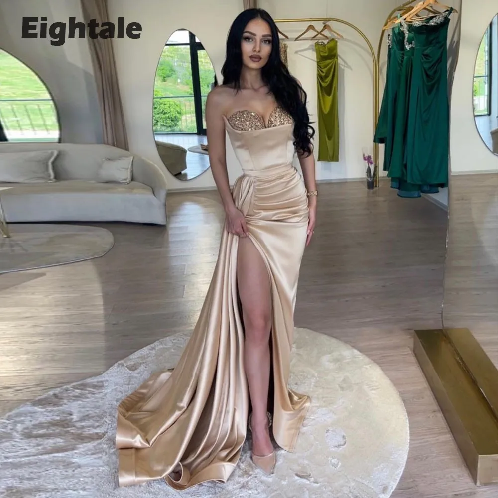 

Eightale Champagne Evening Dresses Sweetheart Beaded Custom Made High Side Slit Mermaid Party Prom Gown Vestidos De Noche