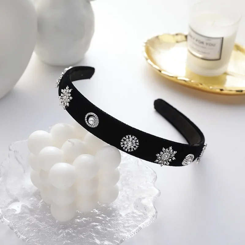 Retro Bling Rhinestones Snowflake Hair Hoop Hair Accessories Temperament Black Velvet Bowknot Wide Brimmed Hair Band for Women