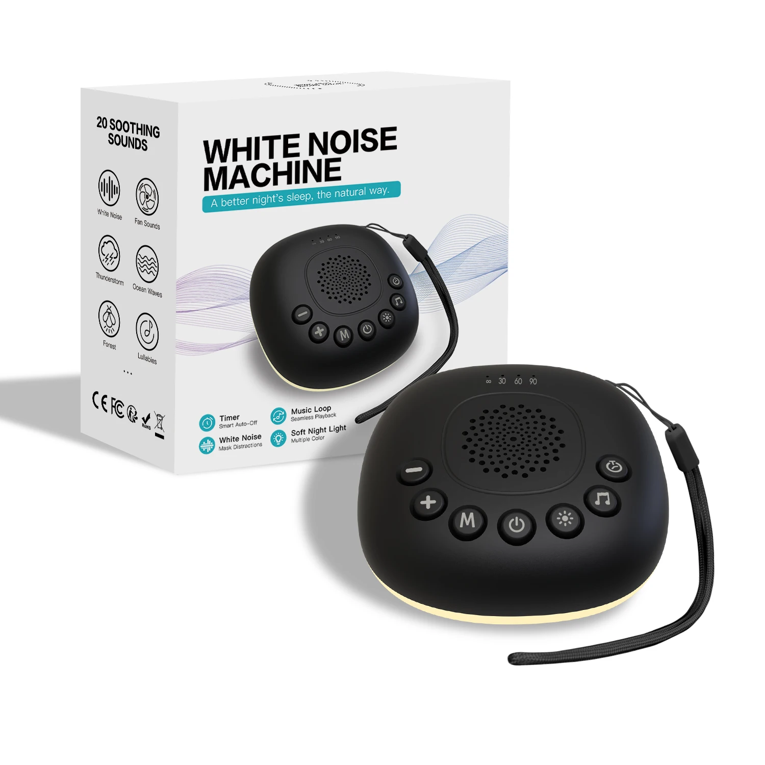 Máquina portátil de ruído branco com 20 sons RGB luz noturna ajuda para dormir para bebês/crianças/adultos temporizador bateria recarregável viagem