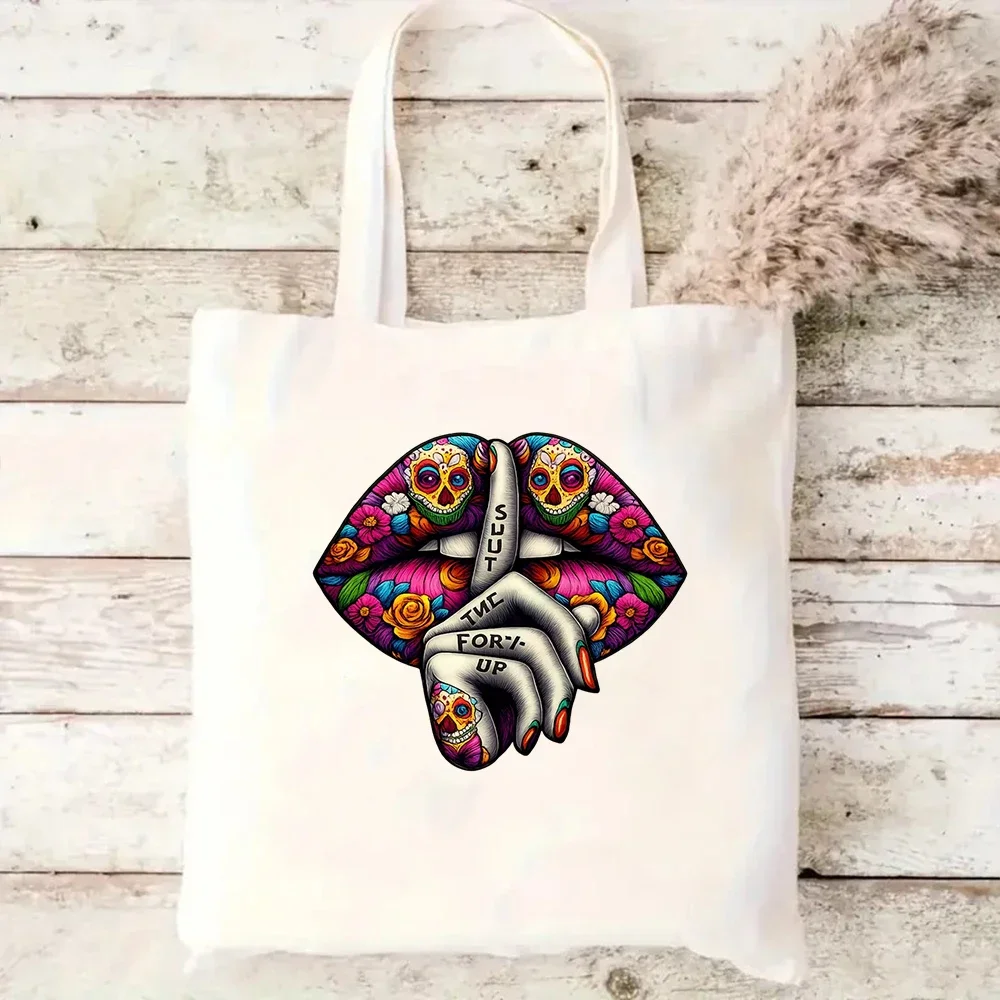 Mexican Sugar Skull Floral Lips Print Canvas Tote Bag Reusable Shopping Handbag Retro Gothic Art Casual Shoulder Gift Bag