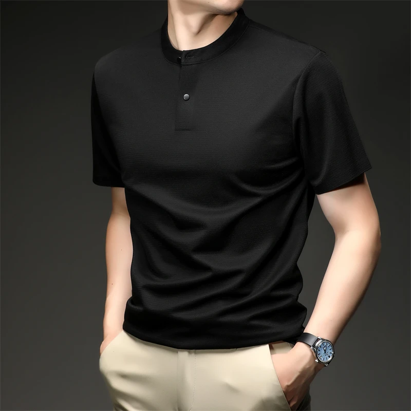 2026 New Men's Single Button Henley Neck Tee Comfortable Textured Fabric Short Sleeve For Casual And Business