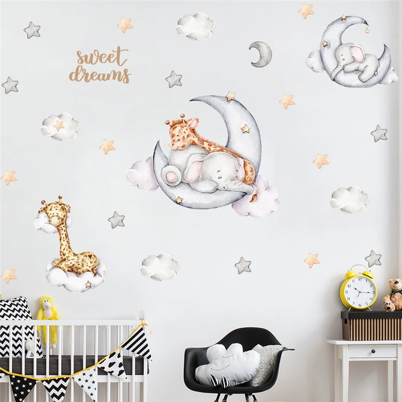 Sleeping With Elephant Giraffe Moon Star Wall Sticker For Kids Room Home Decoration Cartoon Animals Mural Art Decals Pvc Posters