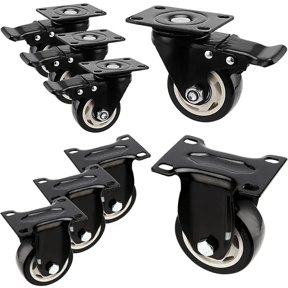 

8 поворотных колесиков, 3 дюйма, усиленные, 4 с фиксацией, 4 неподвижные, с двойными шарикоподшипниками, нагрузка до 200 фунтов на каждое, черные