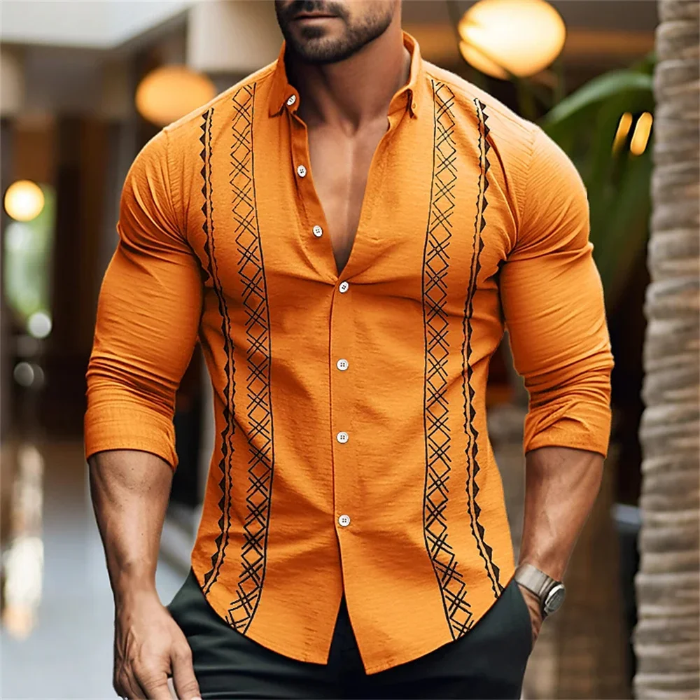 

Summer men's solid color 3D printed patchwork button up collar shirt fashion Hawaii beach vacation leisure long sleeved clothing