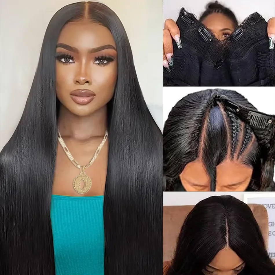 V Part Wig Machine Made Human Hair Straight Wigs 220% Density V Part Wigs With Drawstring No Sew Human Hair V Shape  Wig For Women Natural Color