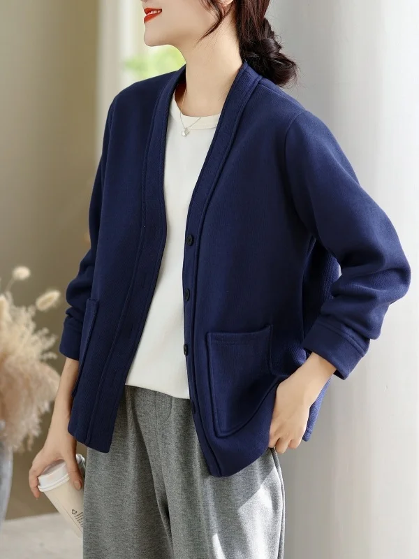 

Korean Sle Women's V-Ne Sweatirt Fce Spring Autumn Loose Fit Versatile ort Coat Ladies Faion Outerwear