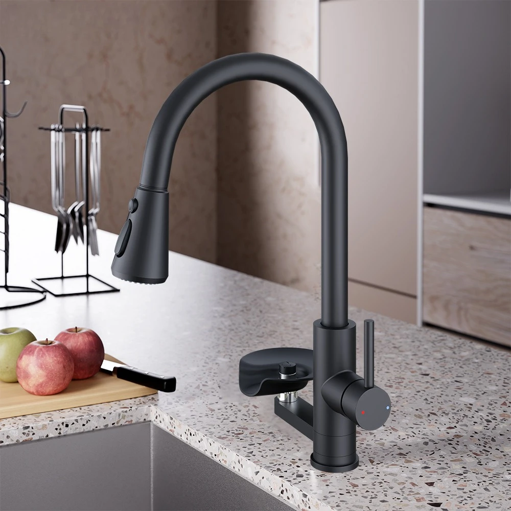 Kitchen pull-out mixer tap with extendable hot and cold water spout, sink mixer tap with cup washer and swivel spout