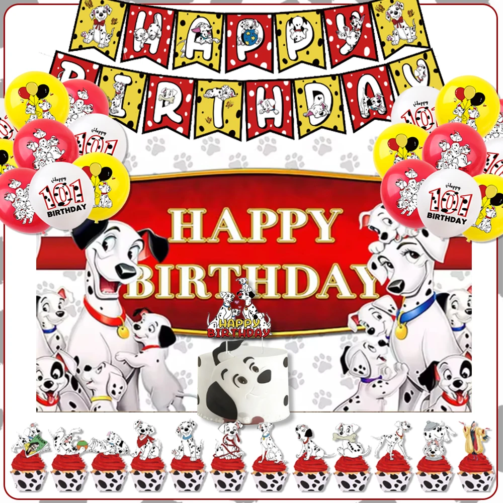 

Disney One Hundred and One Dalmatians Theme Birthday Party Decorations Red Digital Balloons Cake Top Cartoon Background Banner