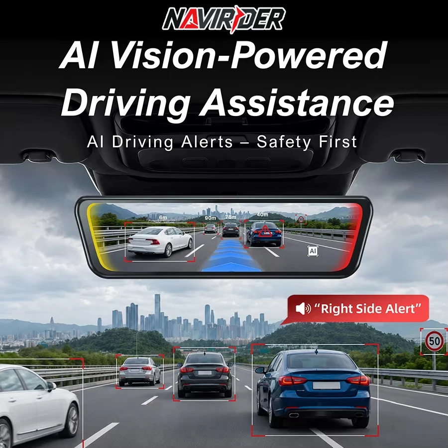 Streaming Rearview Mirror Al Alerts Rear-End Warning Reminder Detection Digital Blind Spot Monitoring Clear Streaming Display