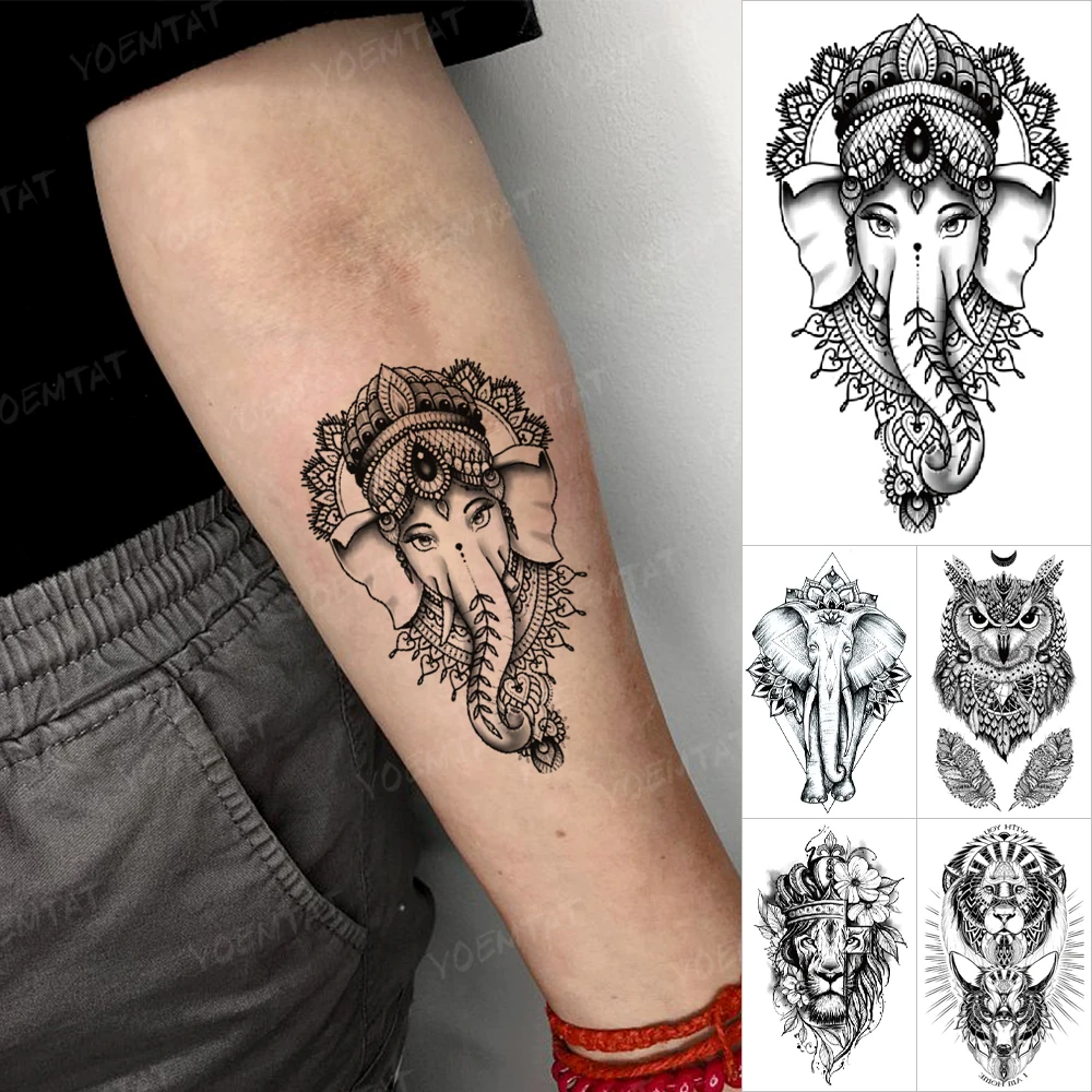 Elephant Head God Ganesha Waterproof Temporary Tattoo Stickers Owl Wolf Lion Animal Flash Tattoos Women Men Body Art Fake Tatto