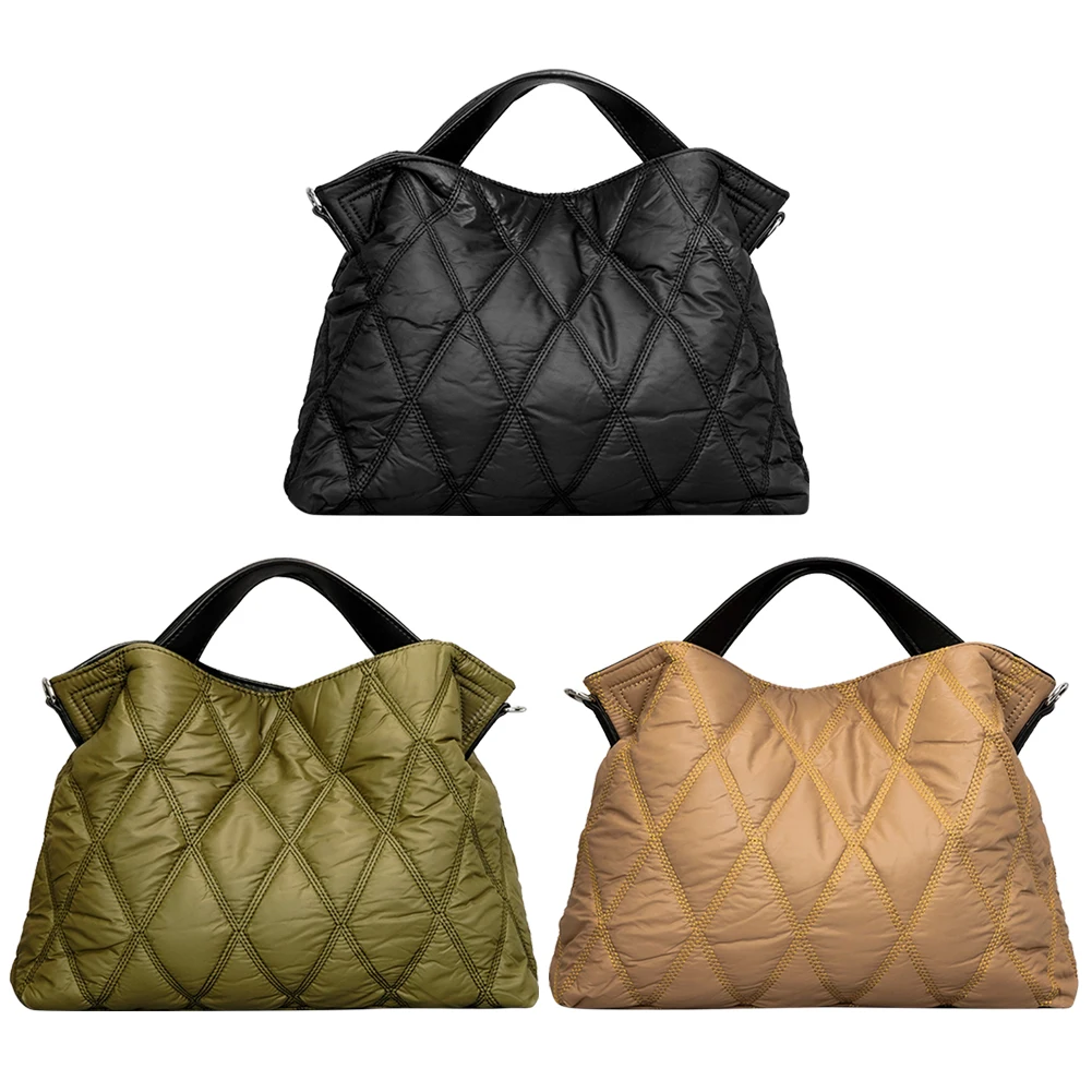 

Rhombic Lattice Cotton-Padded Bag Elegant Autumn Winter Female Tote Bags Simple Fashion Soft Nylon Portable for Party Shopping